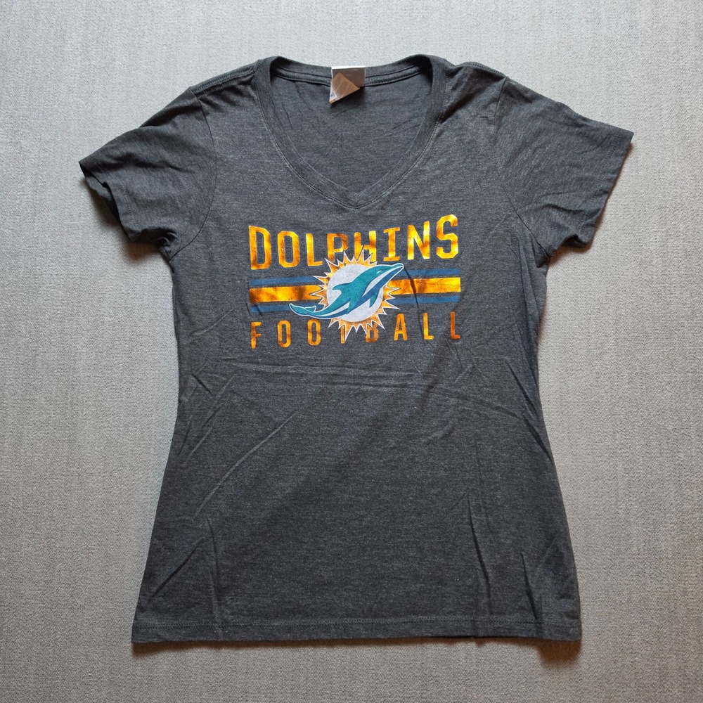 NFL Team Apparel T-Shirt Womens Small Gray Miami Dolphins Football V-Neck Tee